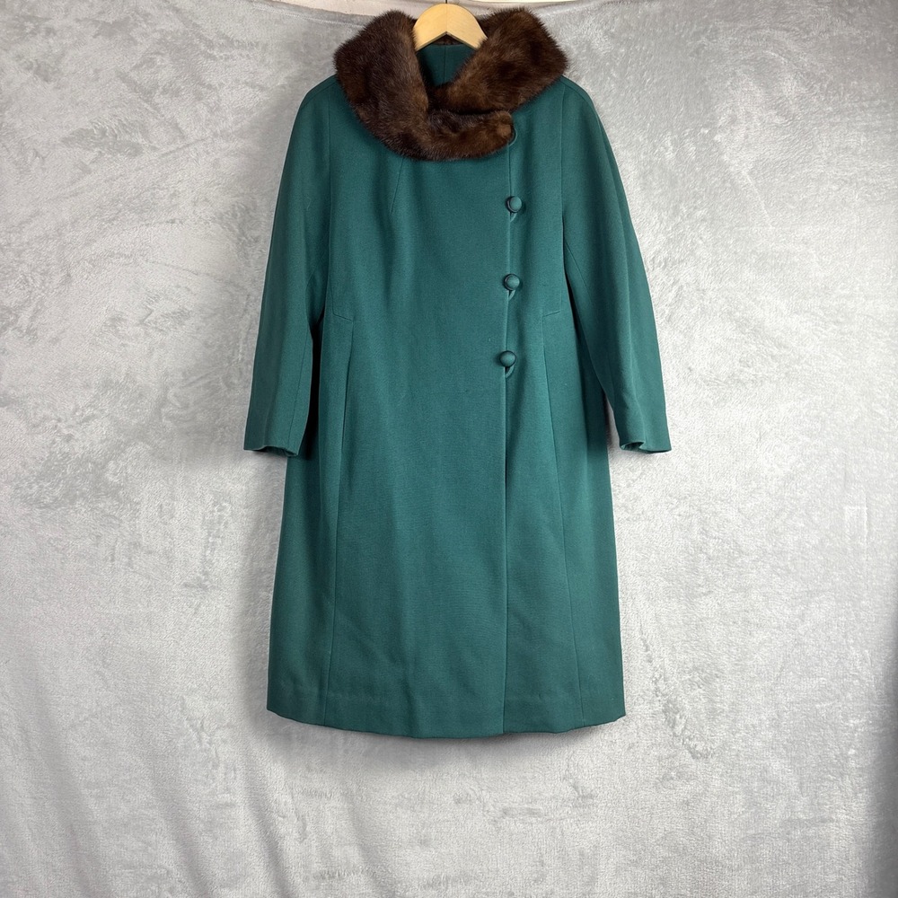 Vintage Saltaire Wool Fur Collar Coat Teal Green Mid Century Mod England